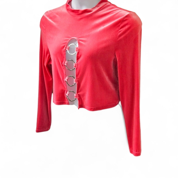 SHEIN CURV High Neck LongSleeve Cropped Pink Velvet Front Embellished O-Ring Top - Picture 6 of 14